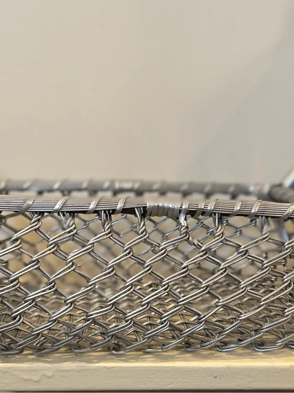 Vintage Hand Woven Mixed Metal Basket, Braided Wire Handles, Artisan Metalwork B